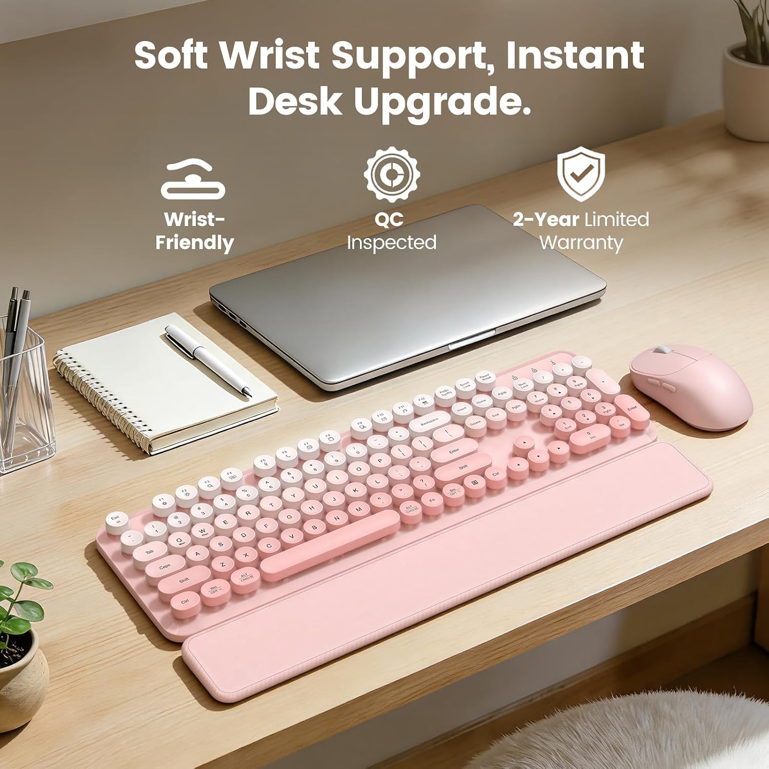 Wireless Keyboard and Mouse Combo, Magnetic Soft-Touch Wrist Rest, Pink | Round Keycaps, Full-Size Typewriter Style