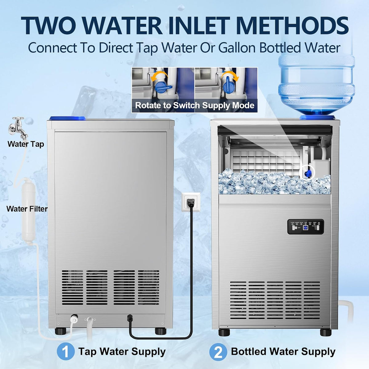 Commercial Ice Maker Machine 150LBS/24H,45Lbs Storage,2 Water Inlet Modes