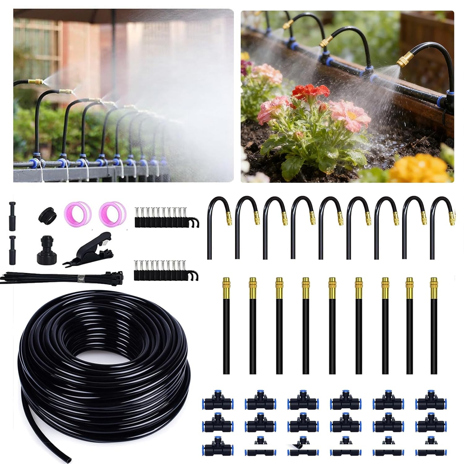 50ft Drip Irrigation System with 18pcs 360° Adjustable Misting Sprinkler Kit, Garden Watering System for Raised Bed