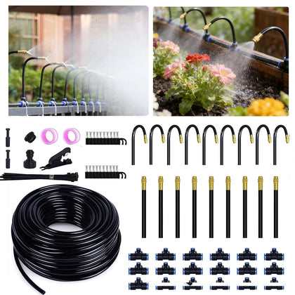 50ft Drip Irrigation System with 18pcs 360° Adjustable Misting Sprinkler Kit, Garden Watering System for Raised Bed