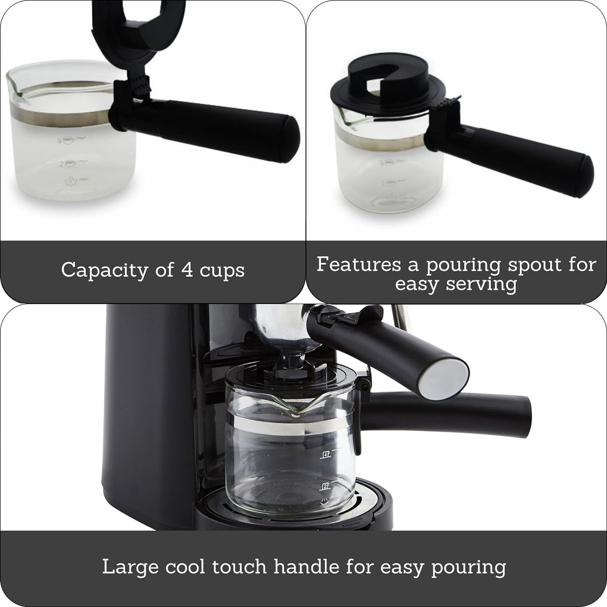 4 Cup Glass Replacement Carafe with Black Handle for Coffeemaker