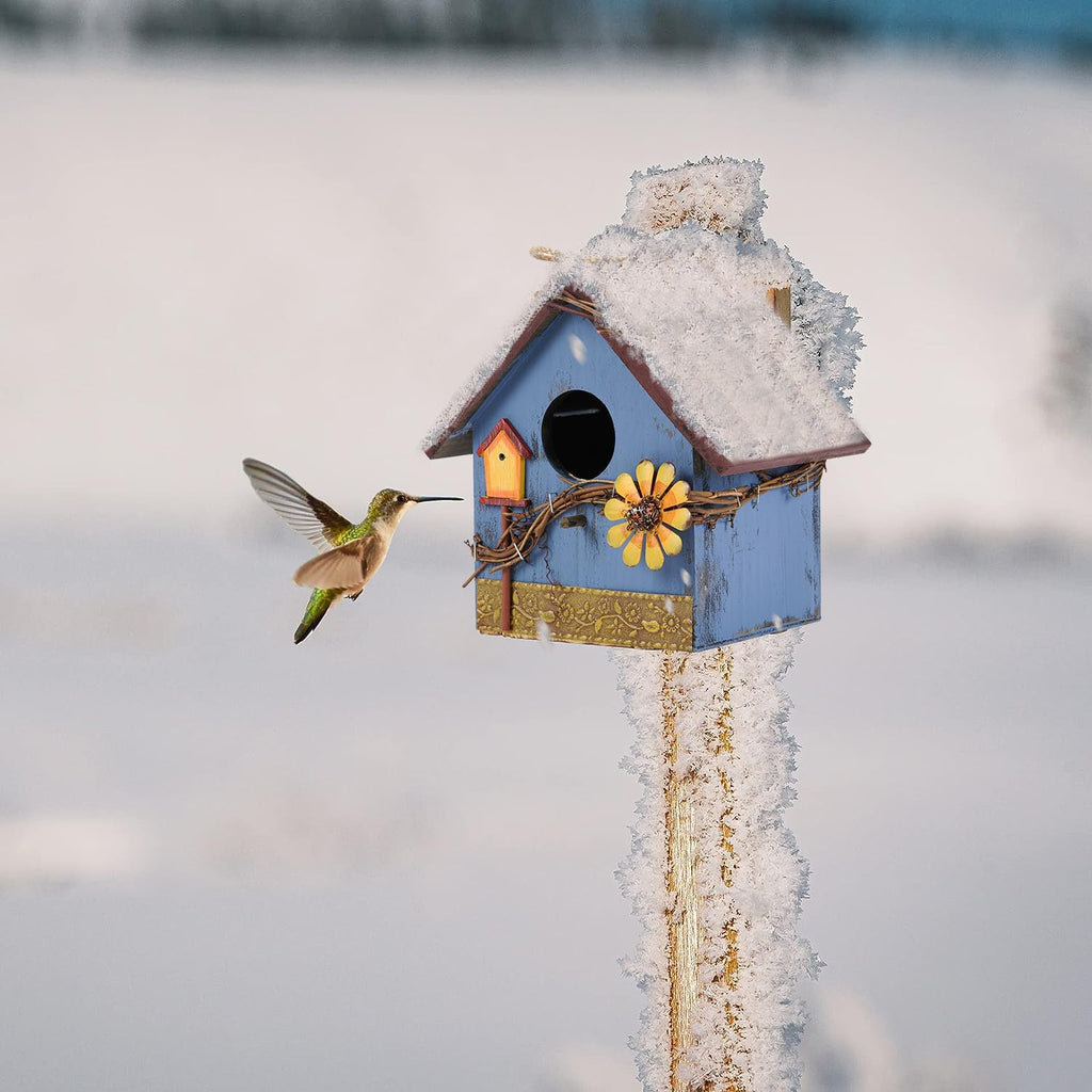 Blue Wooden Hanging Bird House Feeder for Outside Garden Wild Birds