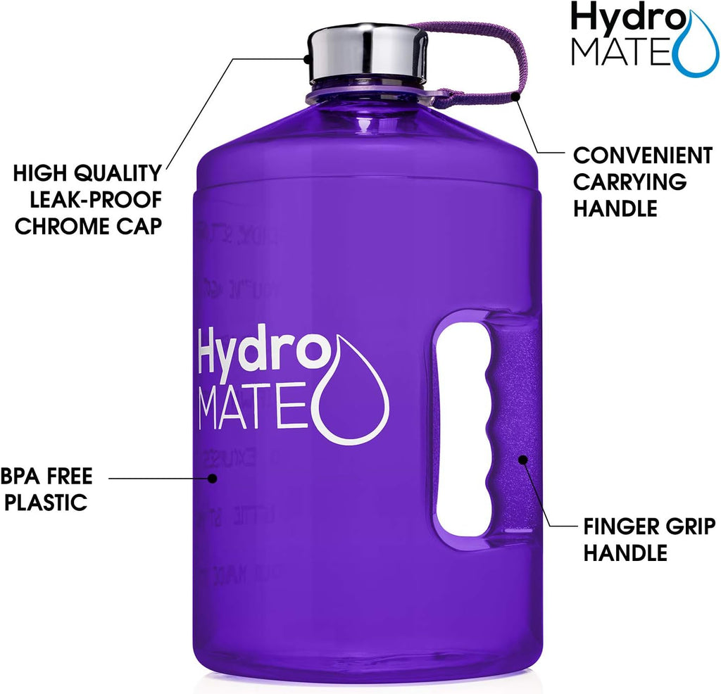 HydroMATE Large Gallon 128 oz Motivational Water Bottle with Handle and Time Marker Reusable BPA Free Jug Times