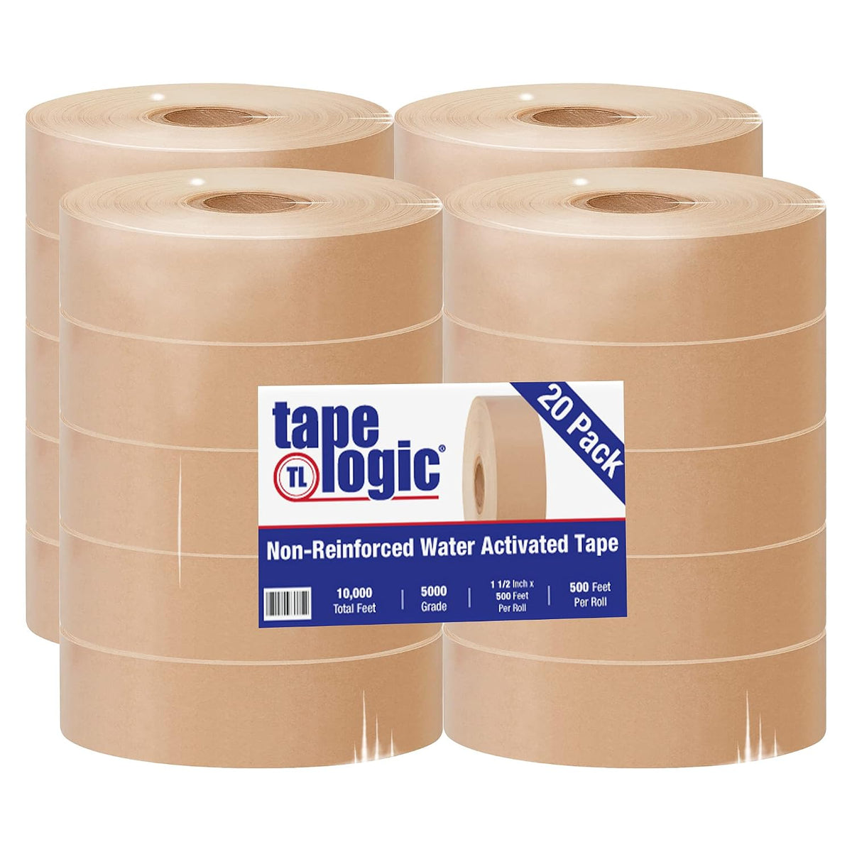 BT155000 Tape Logic #5000 Non Reinforced Water Activated Tape, 1 1/2" x 500', Kraft (Pack of 20)