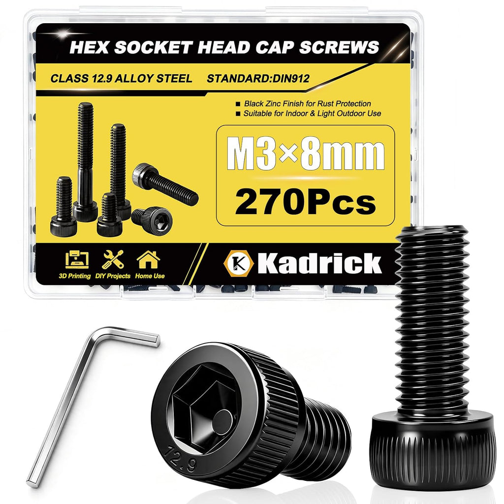 KADRICK 270PCS M3 x 8mm Hex Socket Head Cap Screws, M3-0.5 Fully Threaded