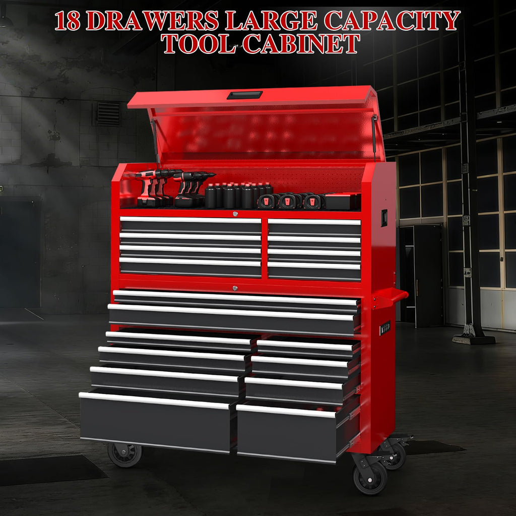 60'' Rolling Tool Chest Combo, 18-Drawer Heavy Duty Steel Tool Cabinet with Power Outlet, Locking System & Wheels