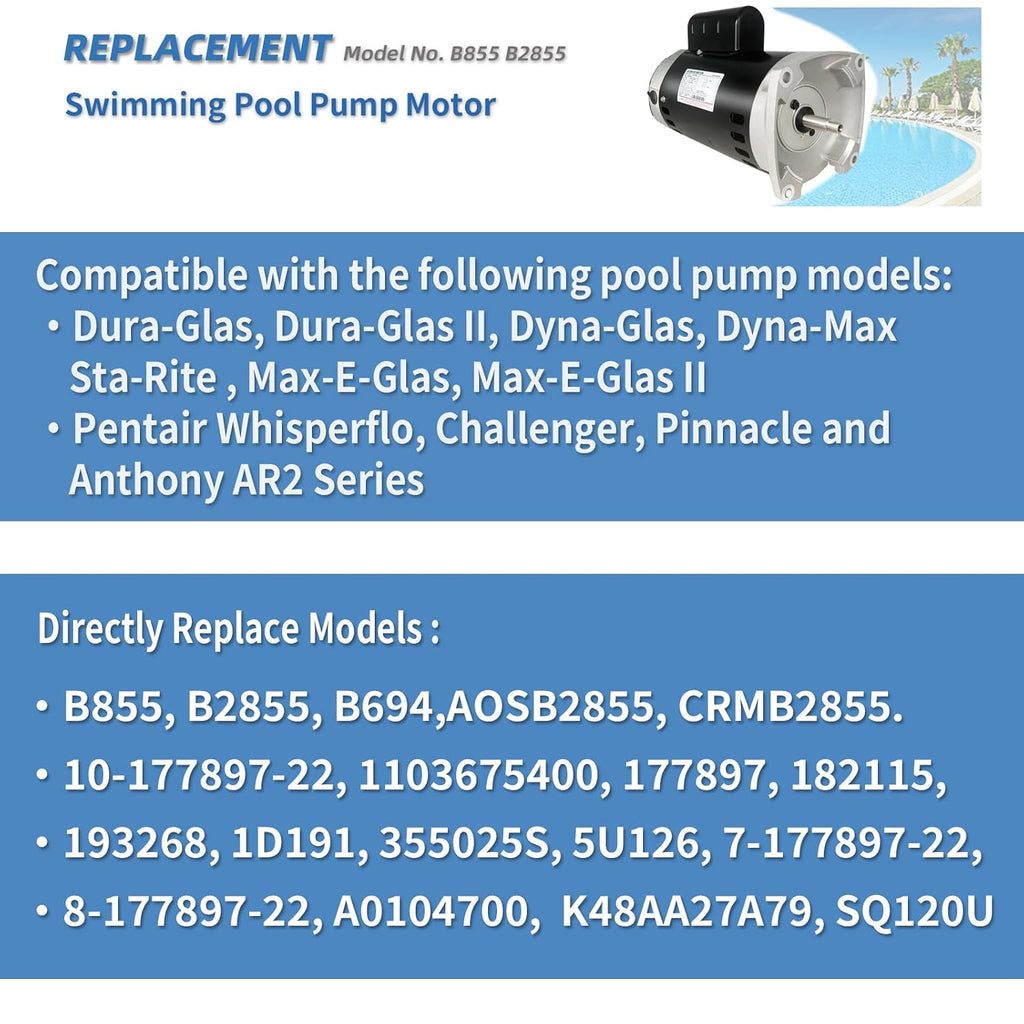 B855 2HP Pool Pump Motor Replaces Century Regal Beloit AO Smith B2855