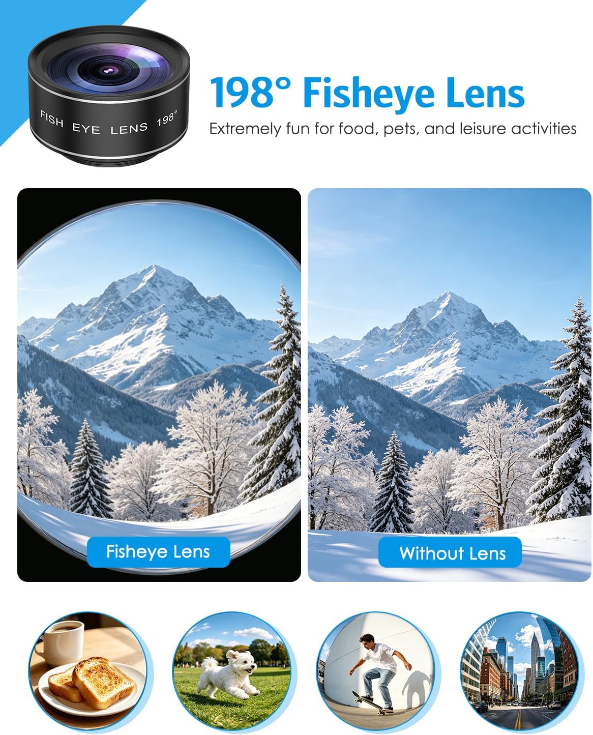 7 in 1 Clip On Phone Camera Lens Kit, 0.63X Wide Angle,15X Macro,2X Telephoto,198°Fisheye,CPL,Starburst, Kaleidoscope