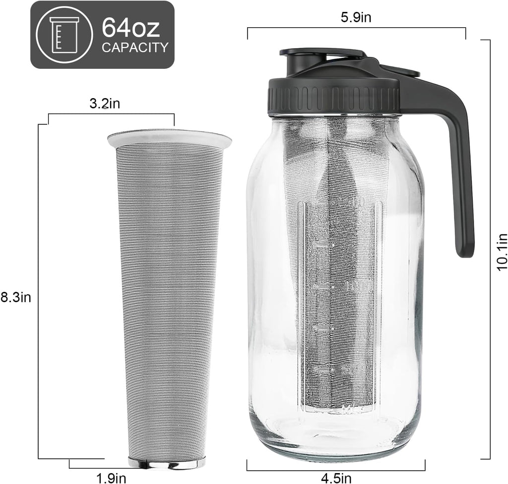 Cold Brew Coffee Maker,64 oz Mason Jar Pitcher with Stainless Steel Filter, Pour Spout Handle Lid, Heavy Duty Glass