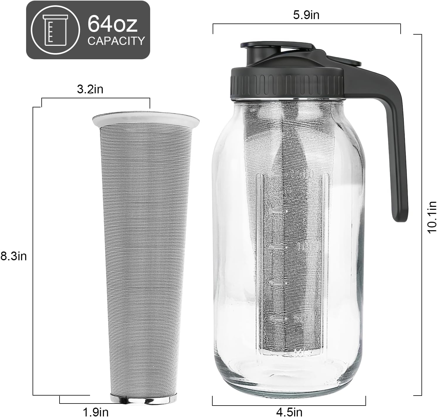 Cold Brew Coffee Maker,64 oz Mason Jar Pitcher with Stainless Steel Filter, Pour Spout Handle Lid, Heavy Duty Glass