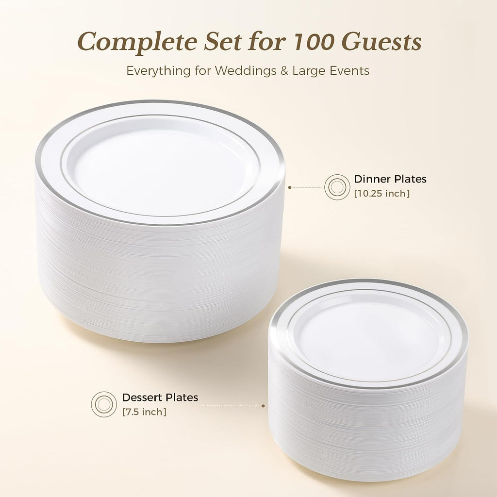 200PCS Silver Plastic Plate, Disposable Party Plates