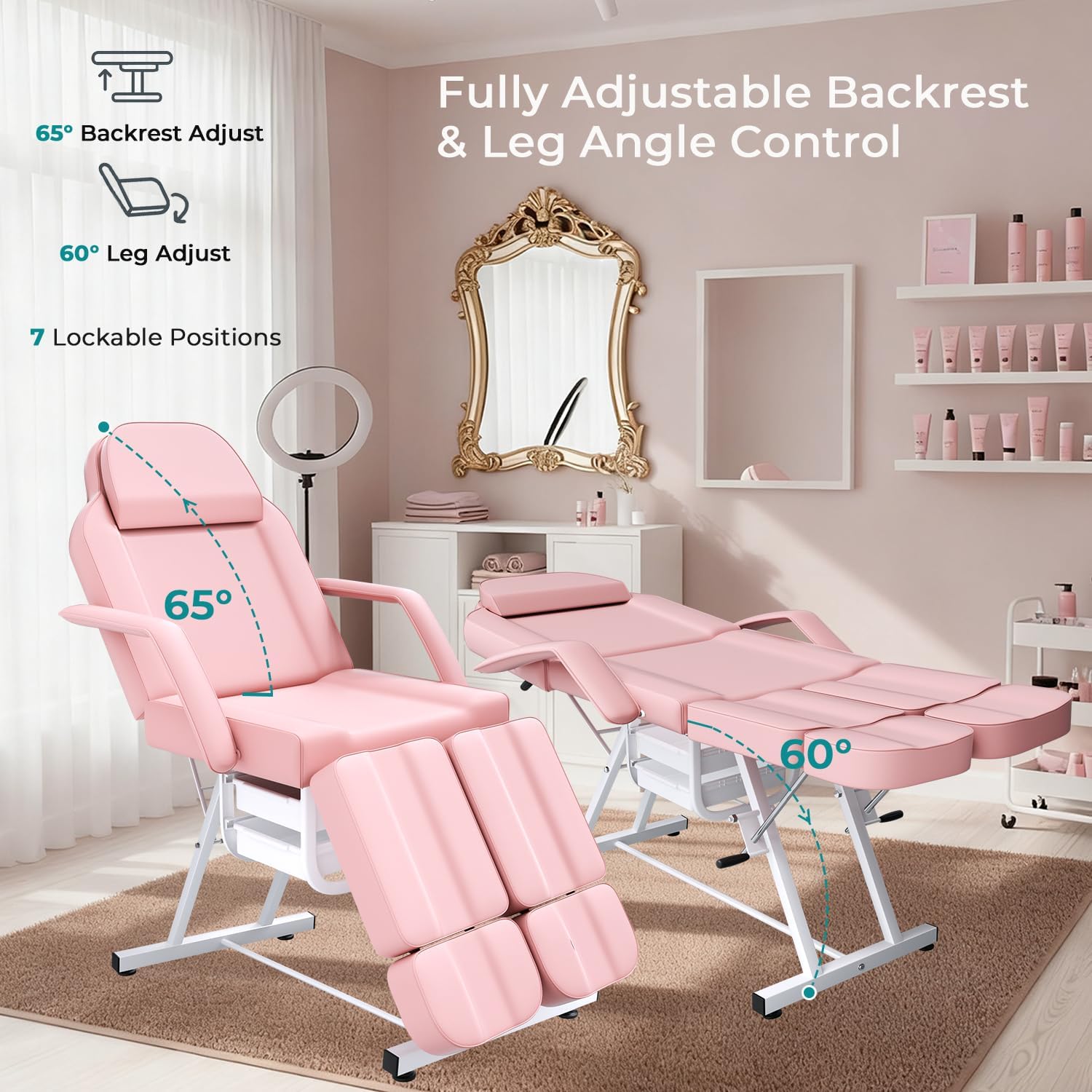 Pink Tattoo Chair for Client with Hydraulic Rolling Stool, Tattoo Client Chair Facial Bed Chairs for Esthetician