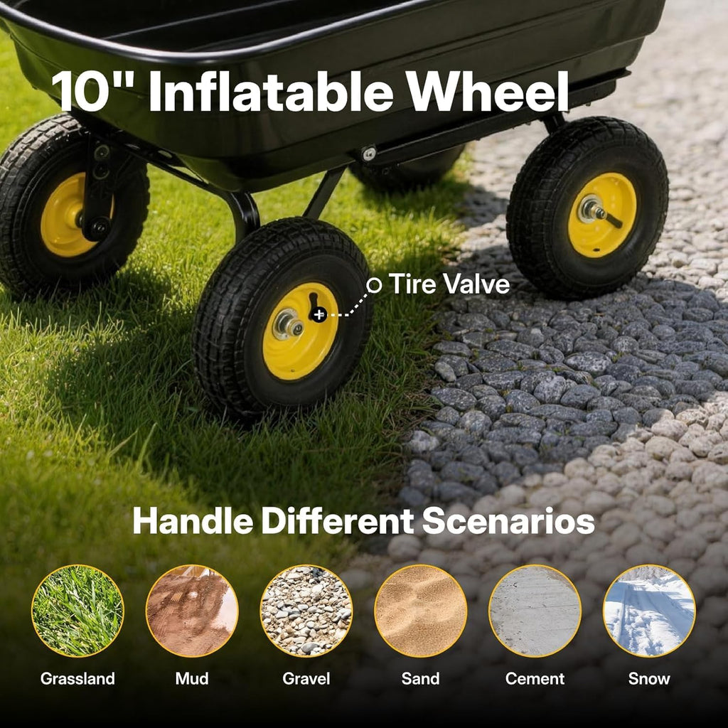 600 LBS Heavy Duty Garden Dump Cart,10" All-Terrain Wheels, 180° Rotating Handle, Yard Cart for Landscaping, Farm