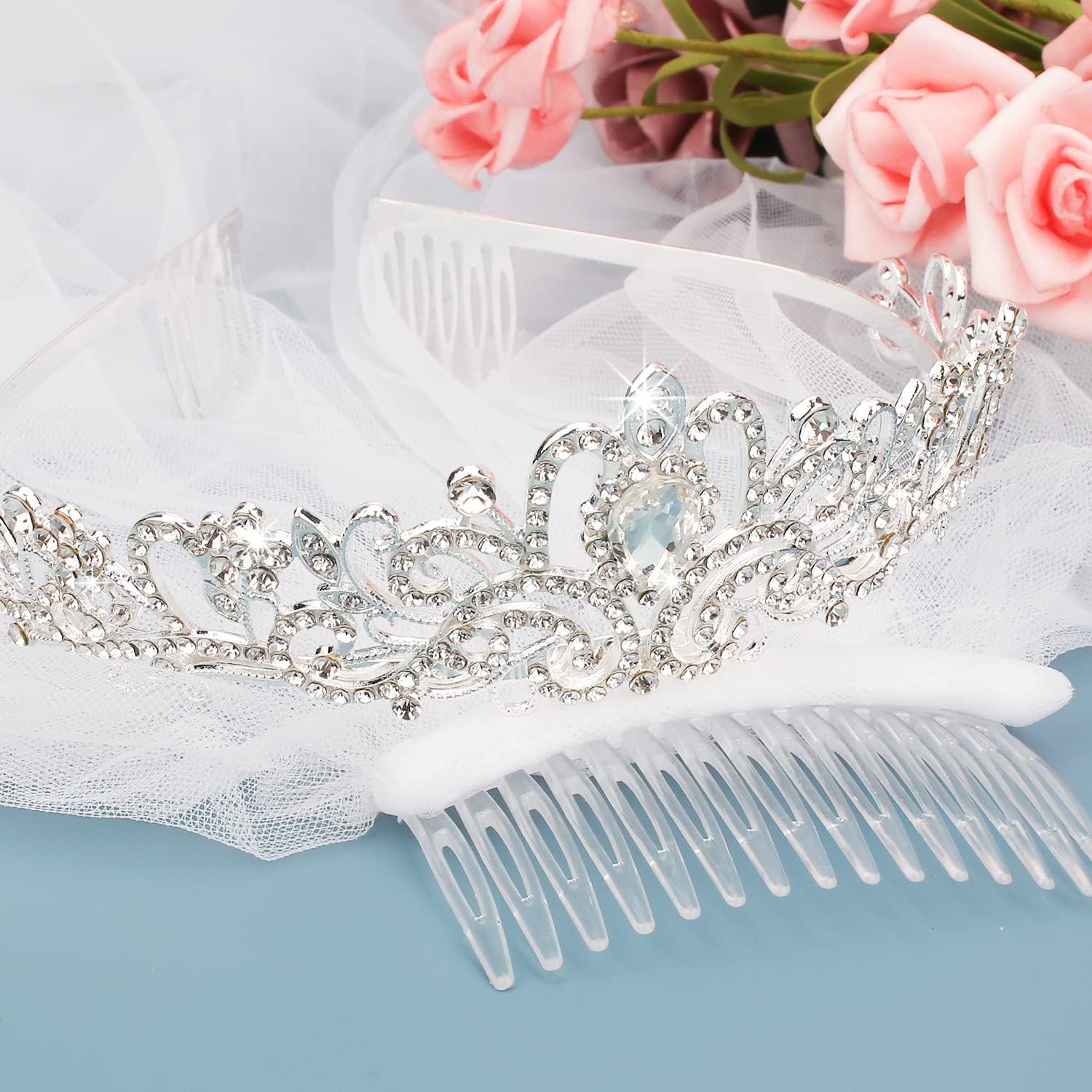 Tiara and Lace Bridal Veil, Crown Wedding Veils and Headpieces for Women, White Veils for Brides Tiaras for Women