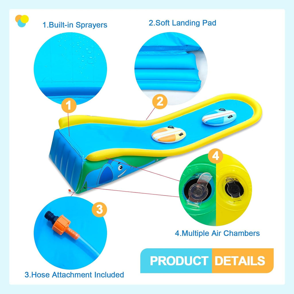 Inflatable Water Slide with Sprinkler for Kids,15FT waterslide with 2 Inflatable Surf Riders and Built-in Sprayer for