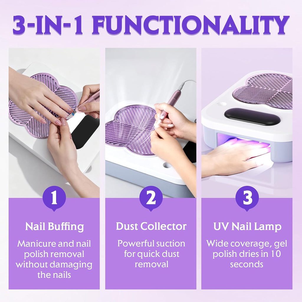 3 in 1 Nail Dust Collector with Drill Lamp Professional,40000RPM Electric Nail Drill Bits Efile Kit with Stepless