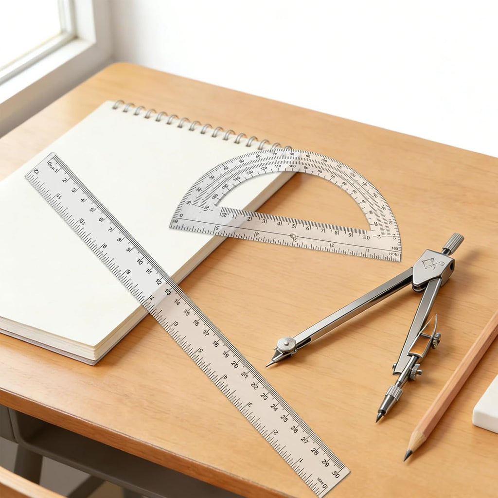 3 Packs Plastic 12 Inch Ruler,6 Inch Clear Protractor and Compasses Set Student Geometry Math Set for Classroom Set