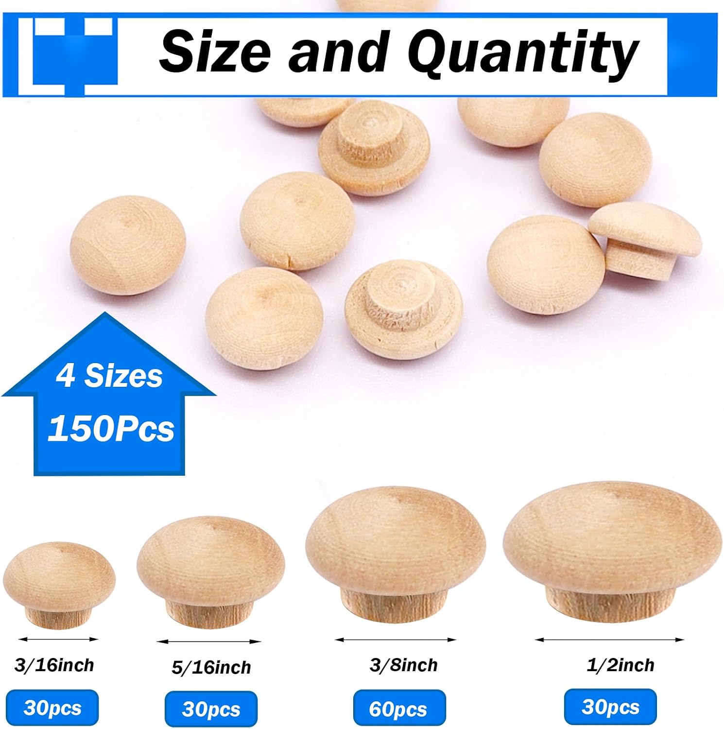 150Pcs 4-Sizes Button Wood Plugs 3/16" 5/16"，3/8"，1/2" Wooden Hole Plugs for Holes in Furniture/Table and Chair