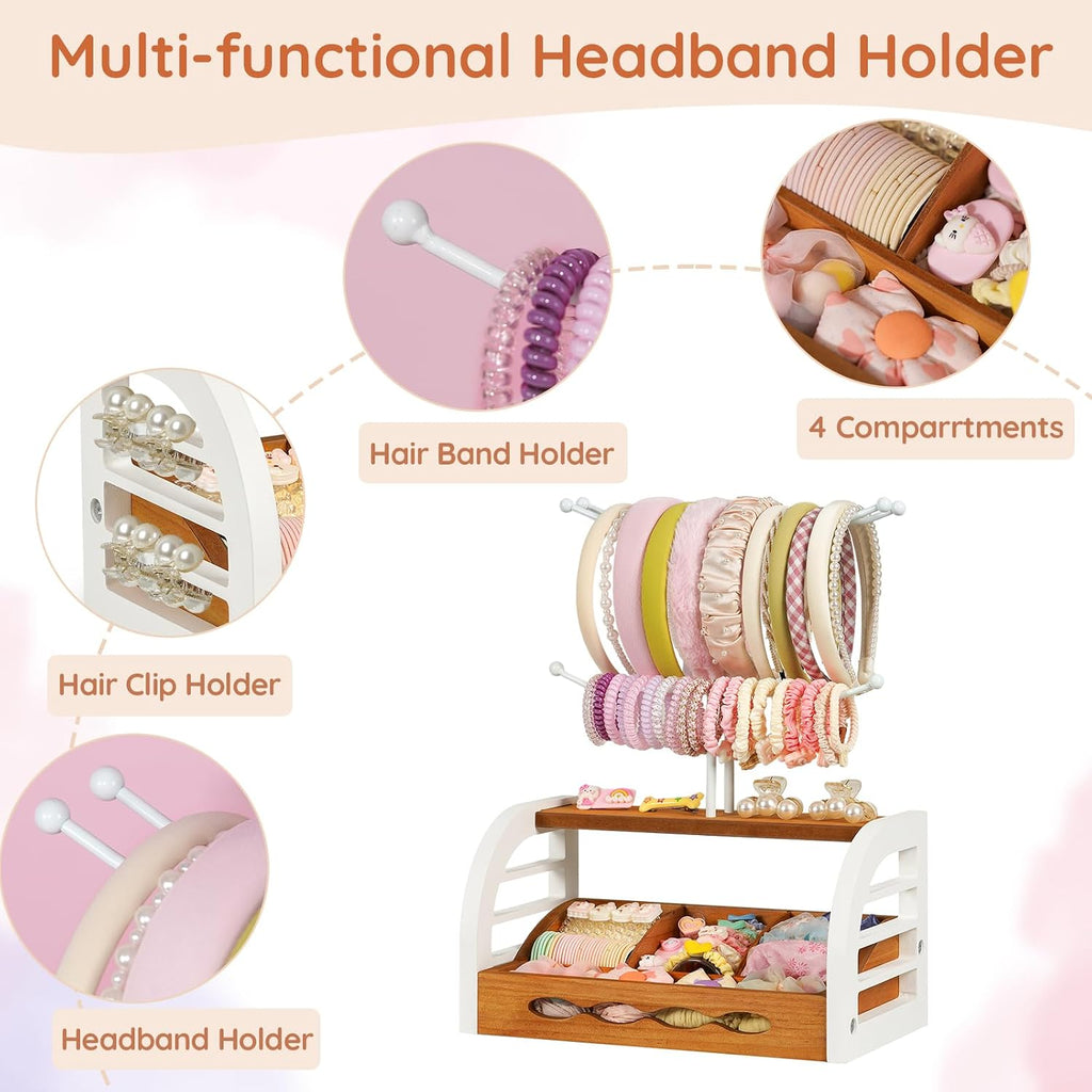 Headband Holder Stand, Hair Accessories Organizer with Dividers | Wood & Metal Tiered Storage Rack for Scrunchies