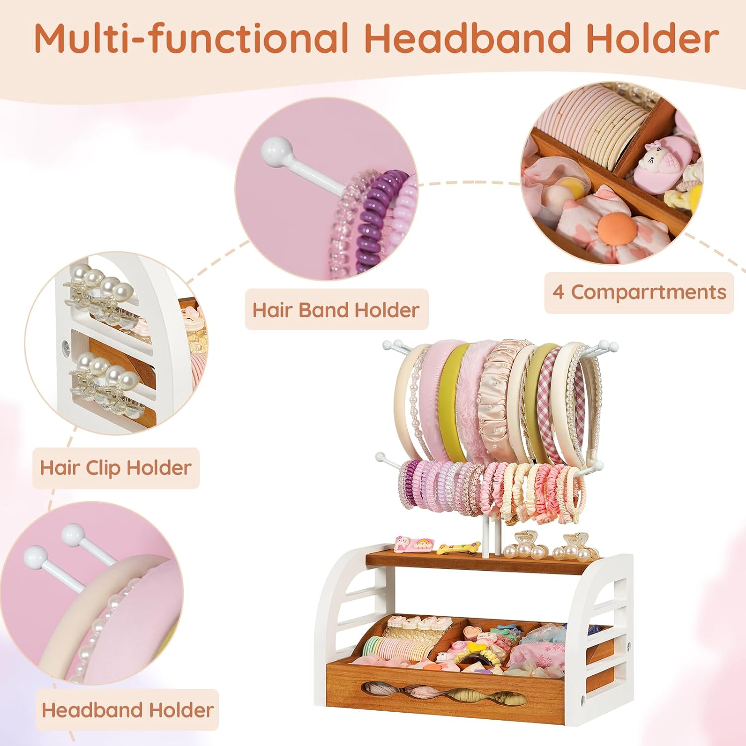 Headband Holder Stand, Hair Accessories Organizer with Dividers | Wood & Metal Tiered Storage Rack for Scrunchies