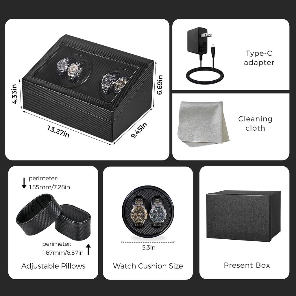 Watch Winder for Automatic Watches, Automatic Watch Winder | 4 Watch Winder with 6 Slots, Carbon Fiber Finish