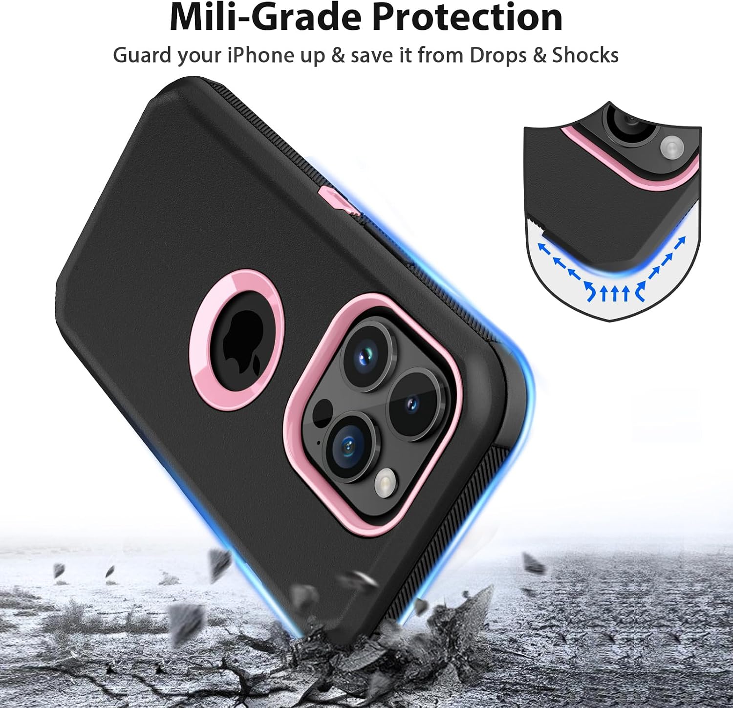 for iPhone 15 Pro Max Case Heavy Duty Drop Protection Black Pink | Drop Protection Screenless Dual Layer Shockproof