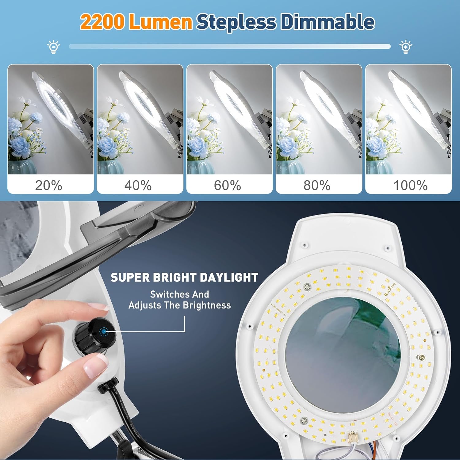 Floor Magnifying Glass with Light and Stand, 12X 2200 Lumen Knob | Adjustable Color Dimmable, 2 in 1 Magnifier Lamp