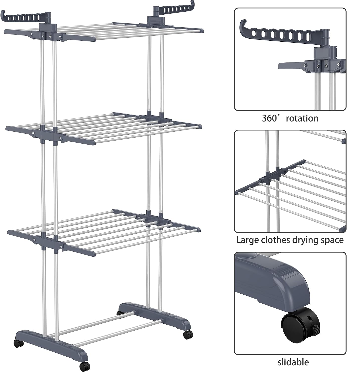 Clothes Drying Rack, 4-Tier(67.7" H) Foldable Drying Rack Clothing | Foldable Stainless Steel Drying Rack, Movable