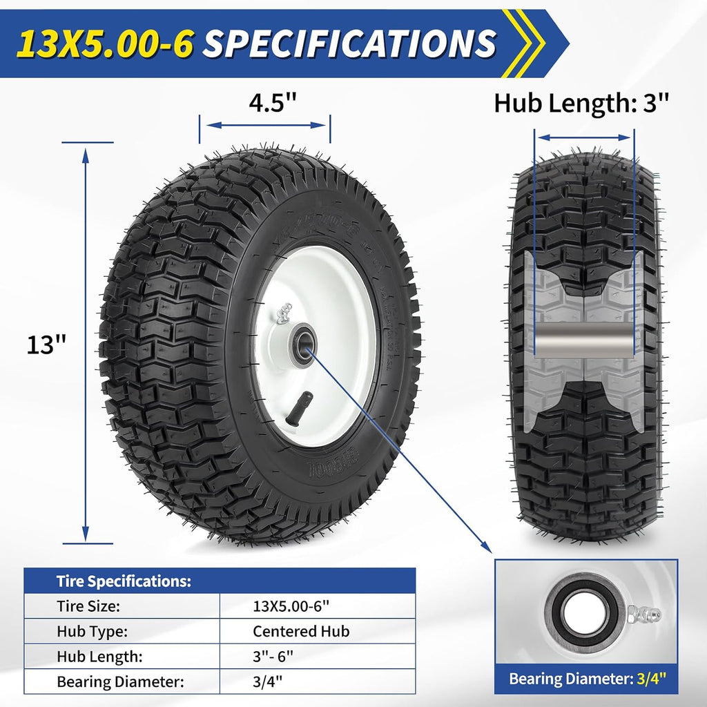 13x5.00-6 Rubber Lawn Mower Tire and Wheel, 2 Pcs Replacement 13x5-6nhs Riding Mowers Lawn Pneumatic Tire with