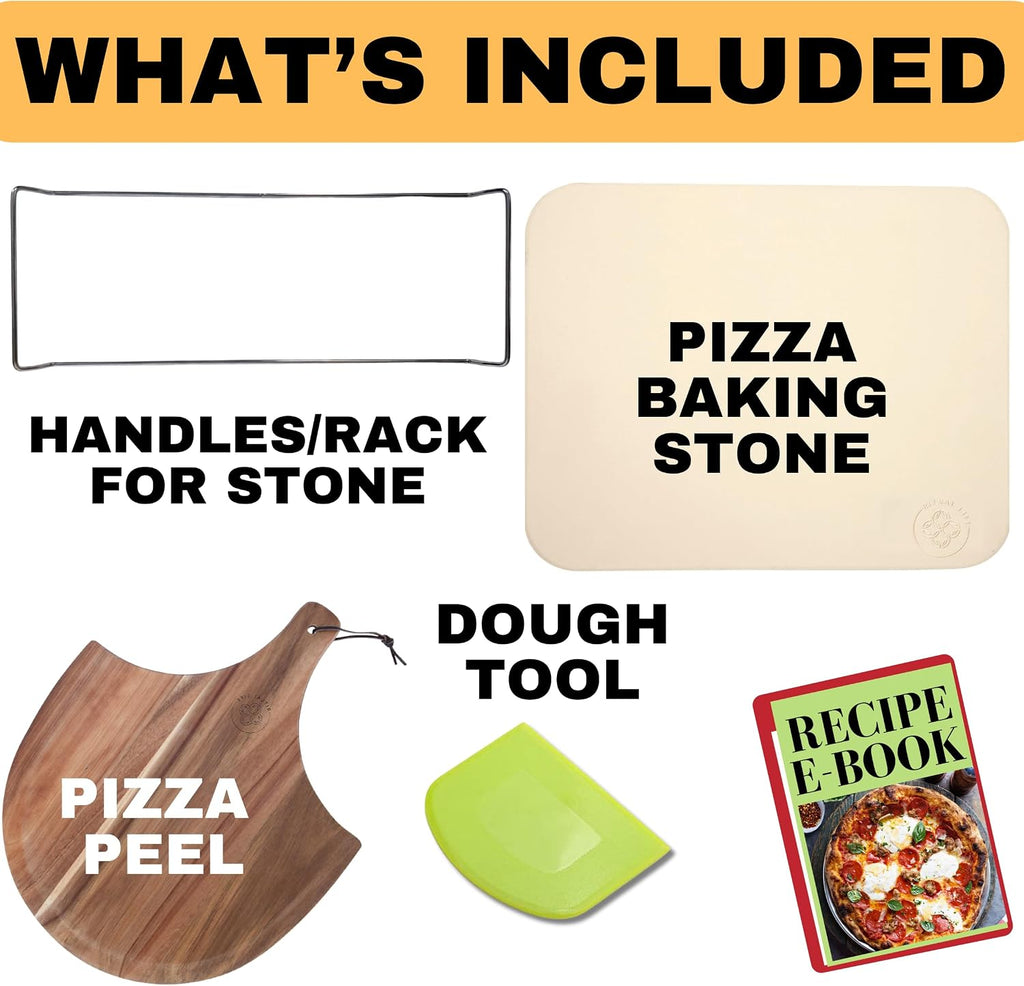 Pizza Stones for Oven and Grill - Pizza Stone with Handles, Wooden Peel and Dough Tool - 15 inch x 12 inch