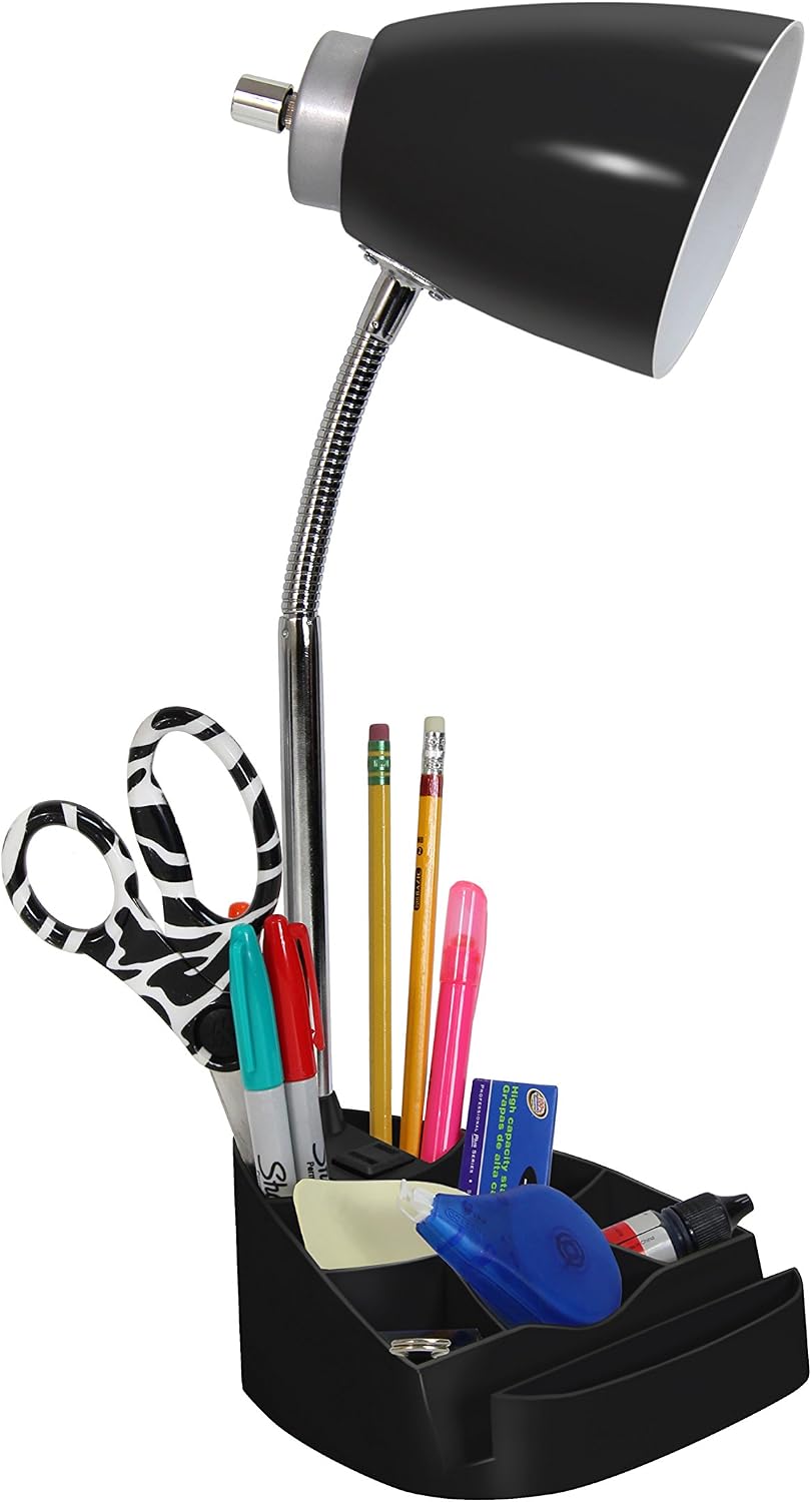 LD1057-BLK Gooseneck Organizer Desk Lamp with iPad/Tablet Stand or Book Holder and Charging Outlet, Black