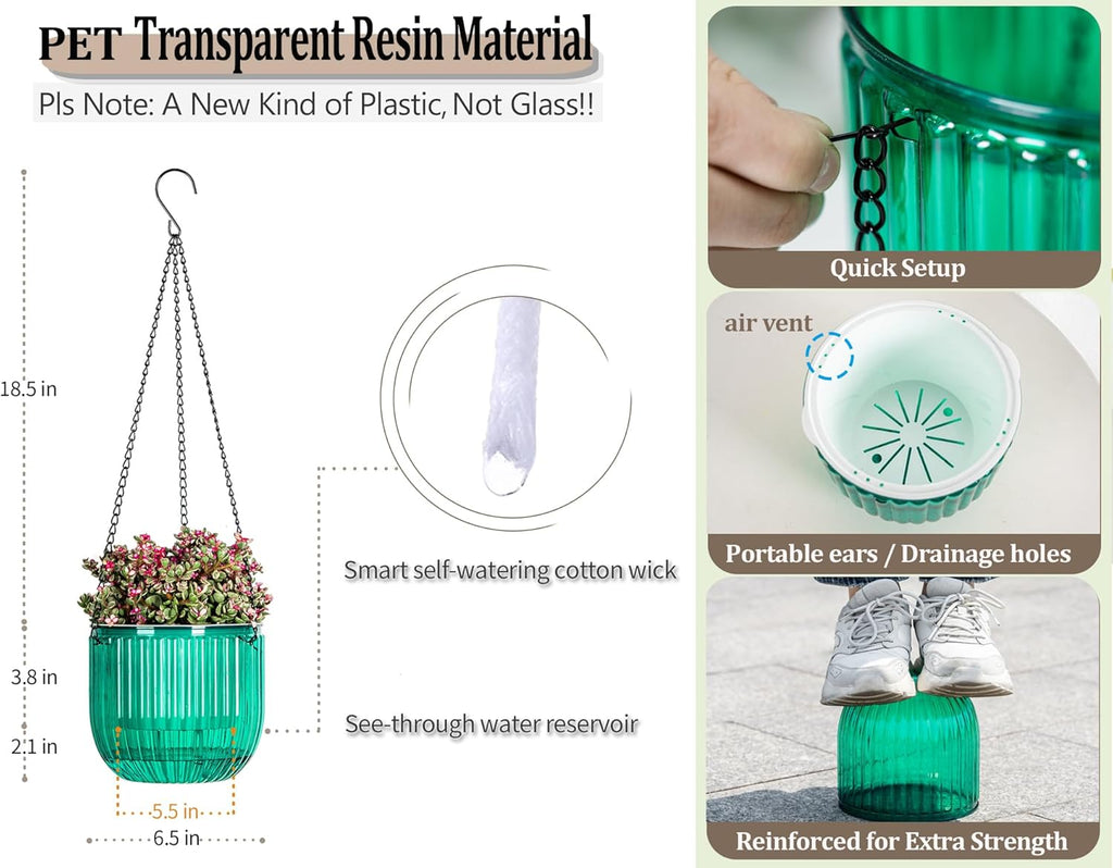2 Pack Self Watering Hanging Planters Indoor Flower Pots, 6.5 Inch Outdoor Hanging Plant Pot Basket, Plant Hanger
