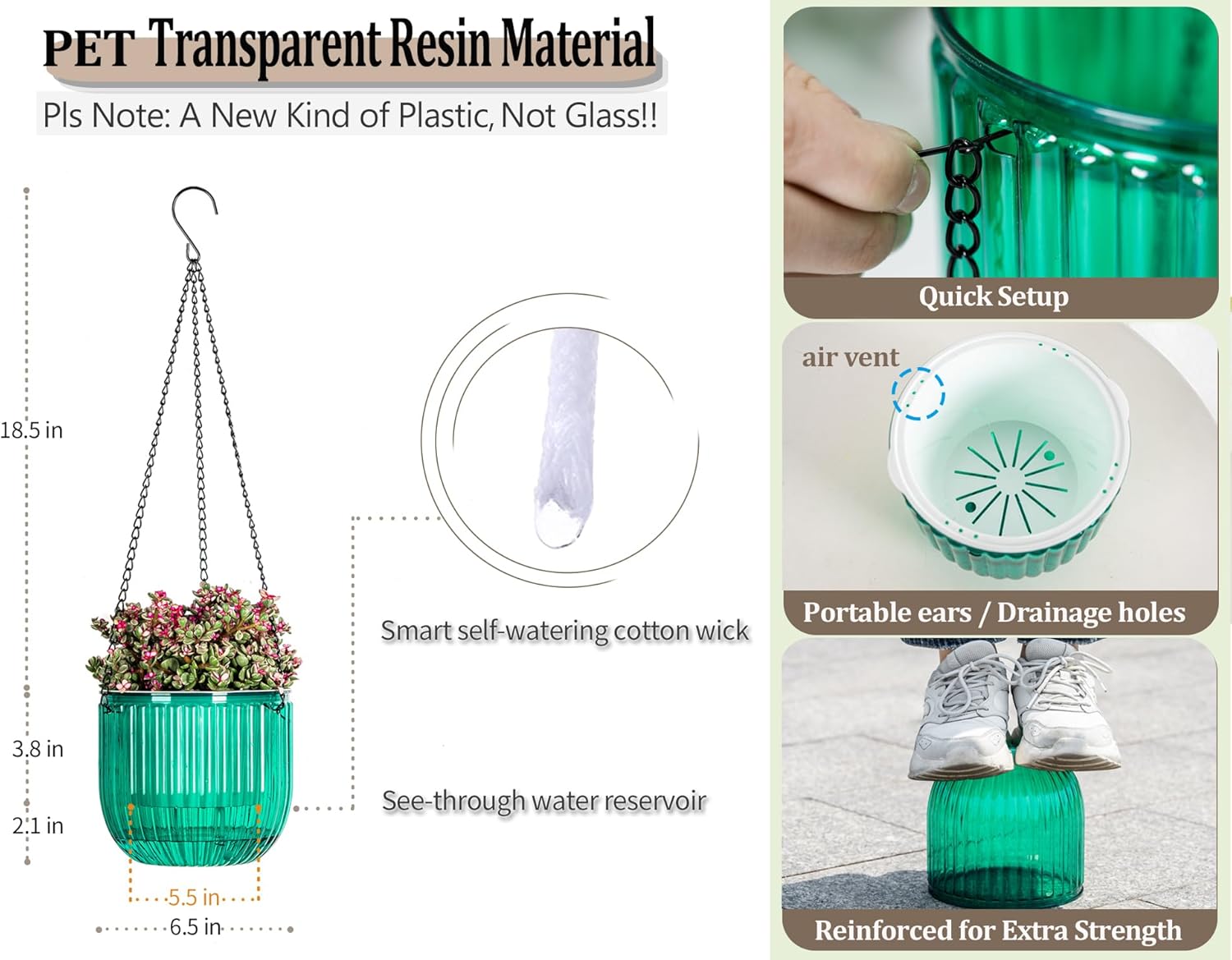 2 Pack Self Watering Hanging Planters Indoor Flower Pots, 6.5 Inch Outdoor Hanging Plant Pot Basket, Plant Hanger