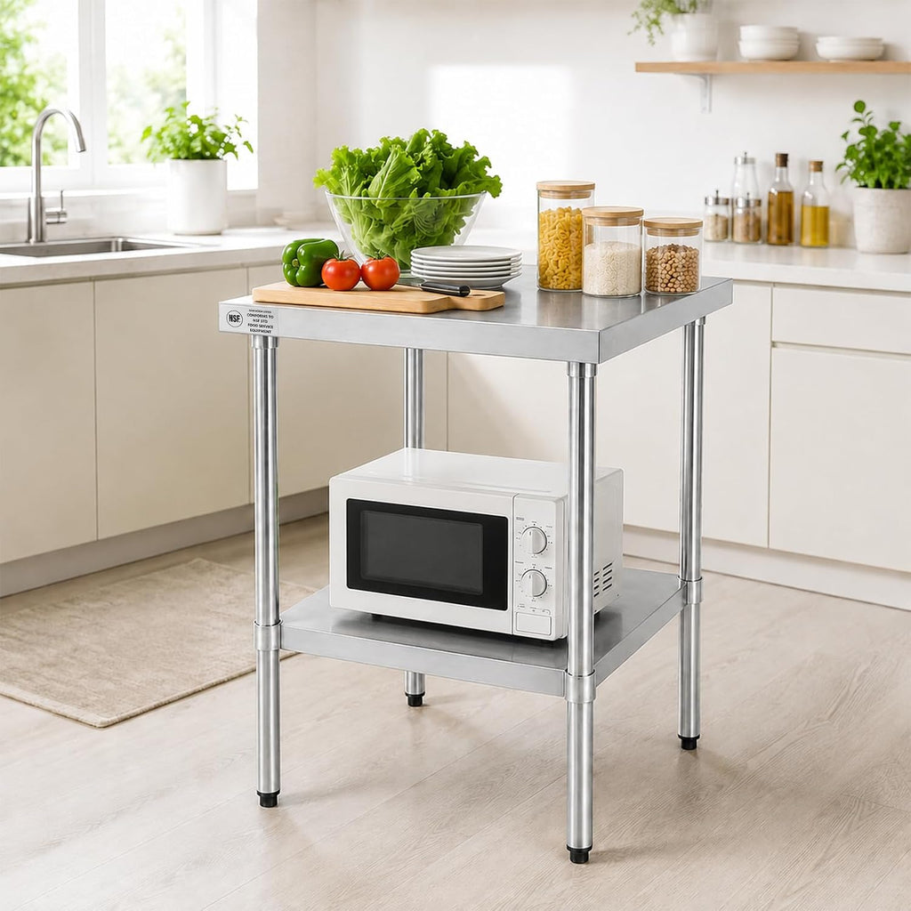 24 x 24 Inch Stainless Steel Work Table with Adjustable Undershelf, Commercial Kitchen Prep Table with Adjustable
