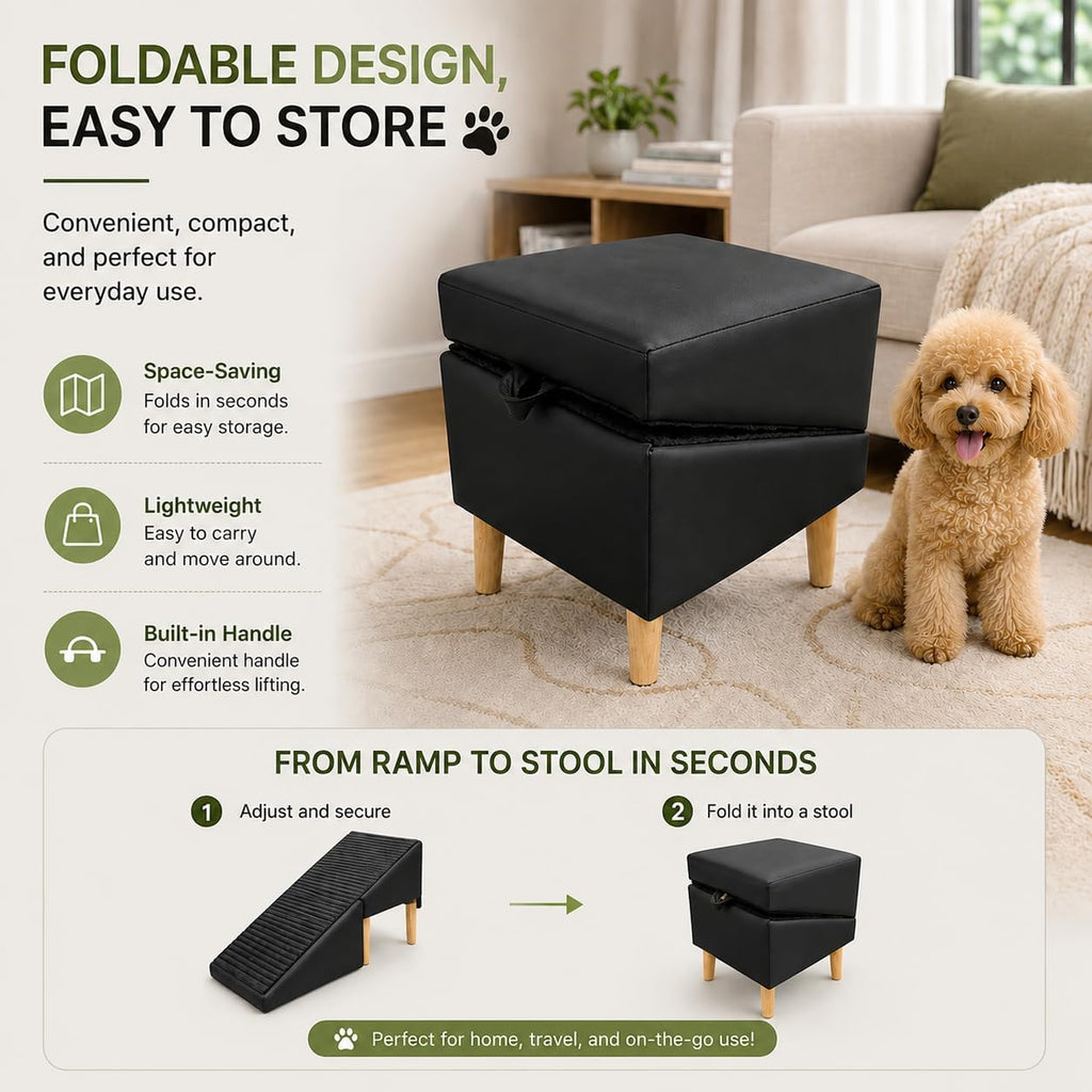 2-in-1 Foldable Ottoman Dog Ramp for Couch,Convertible Folding Dog Stairs for Couch and Bed,Non-Slip Wooden Pet