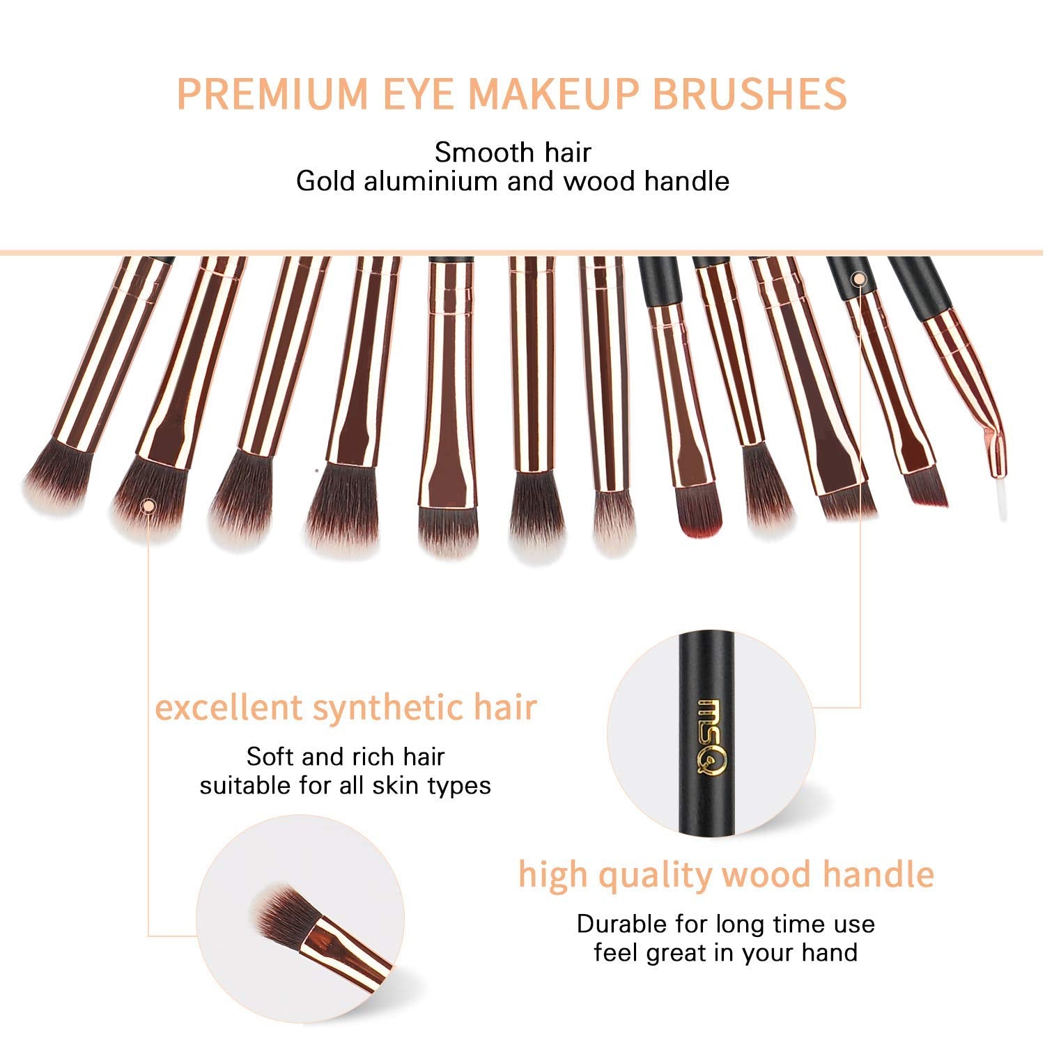 Eye Makeup Brushes 12pcs Rose Gold Eyeshadow Makeup Brushes Set with Soft Synthetic Hairs & Real Wood Handle for
