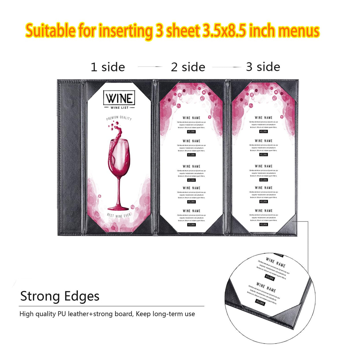 Table Tent Triangle 3 View Menu Covers, Leather Menu Holder with Angled Corners for Restaurant, Cafes, Bars (1 Pack /