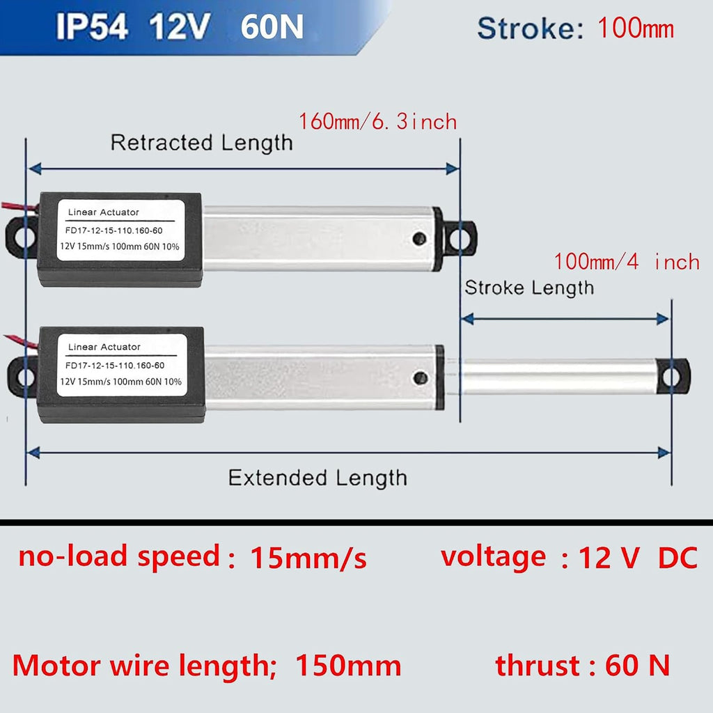 Mini Linear Actuator 12V 4Inch Stroke,60N 15mm/s Waterproof Actuator(100mm)