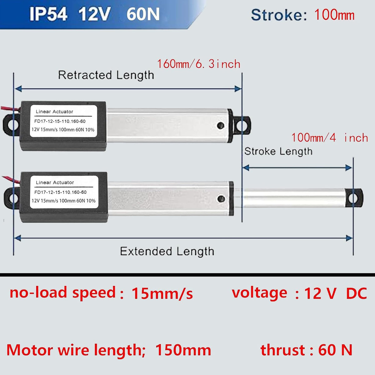 Mini Linear Actuator 12V 4Inch Stroke,60N 15mm/s Waterproof Actuator(100mm)