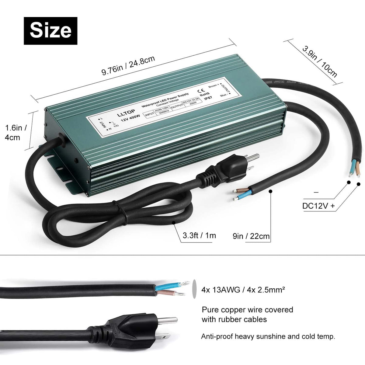LLTOP 12V DC LED Driver Waterproof IP67 Power Supply 400W 33.3A