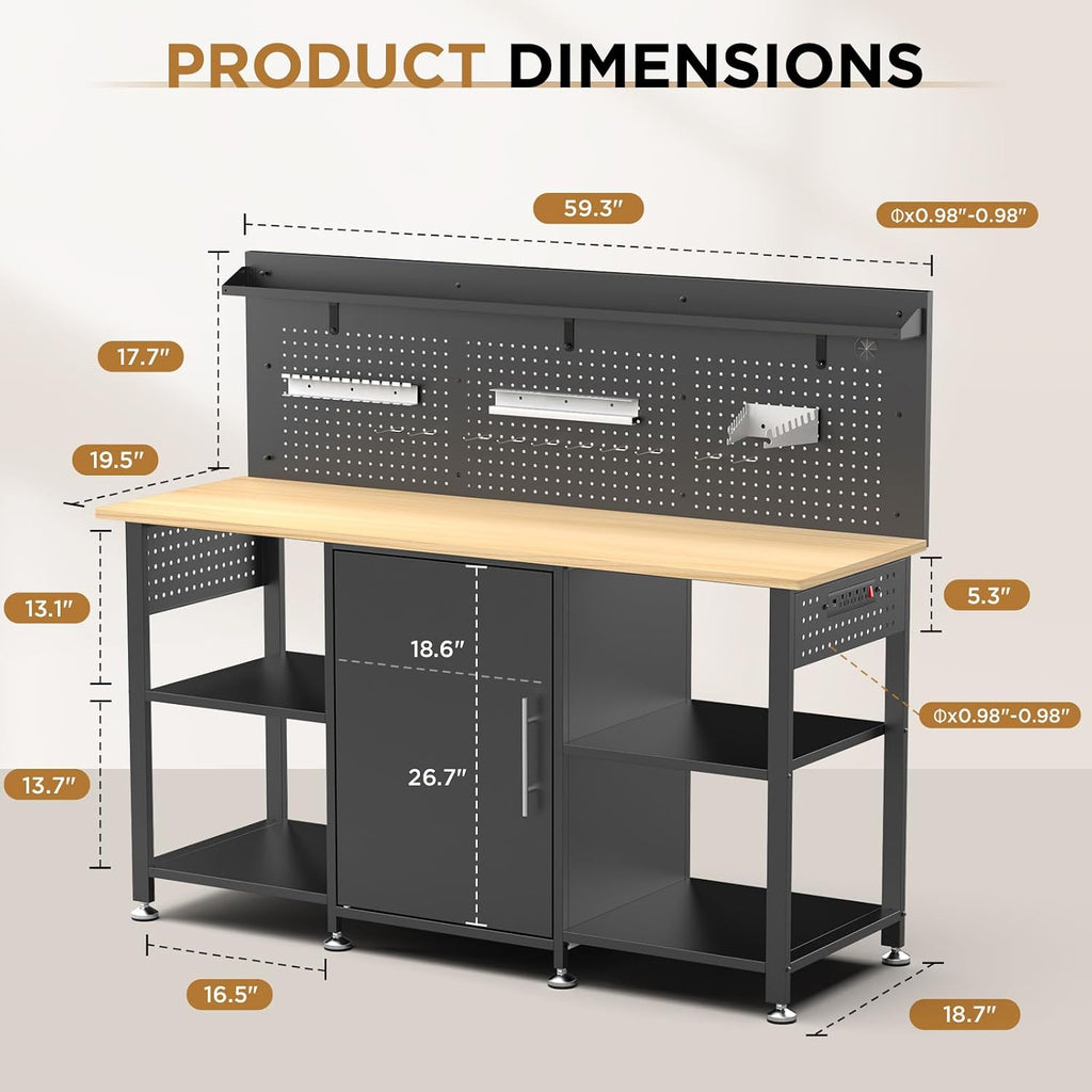 60 Inch Heavy Duty Workbench with Storage Cabinet, Wooden Top, 2000 lbs Capacity, Garage Work Table with Pegboard