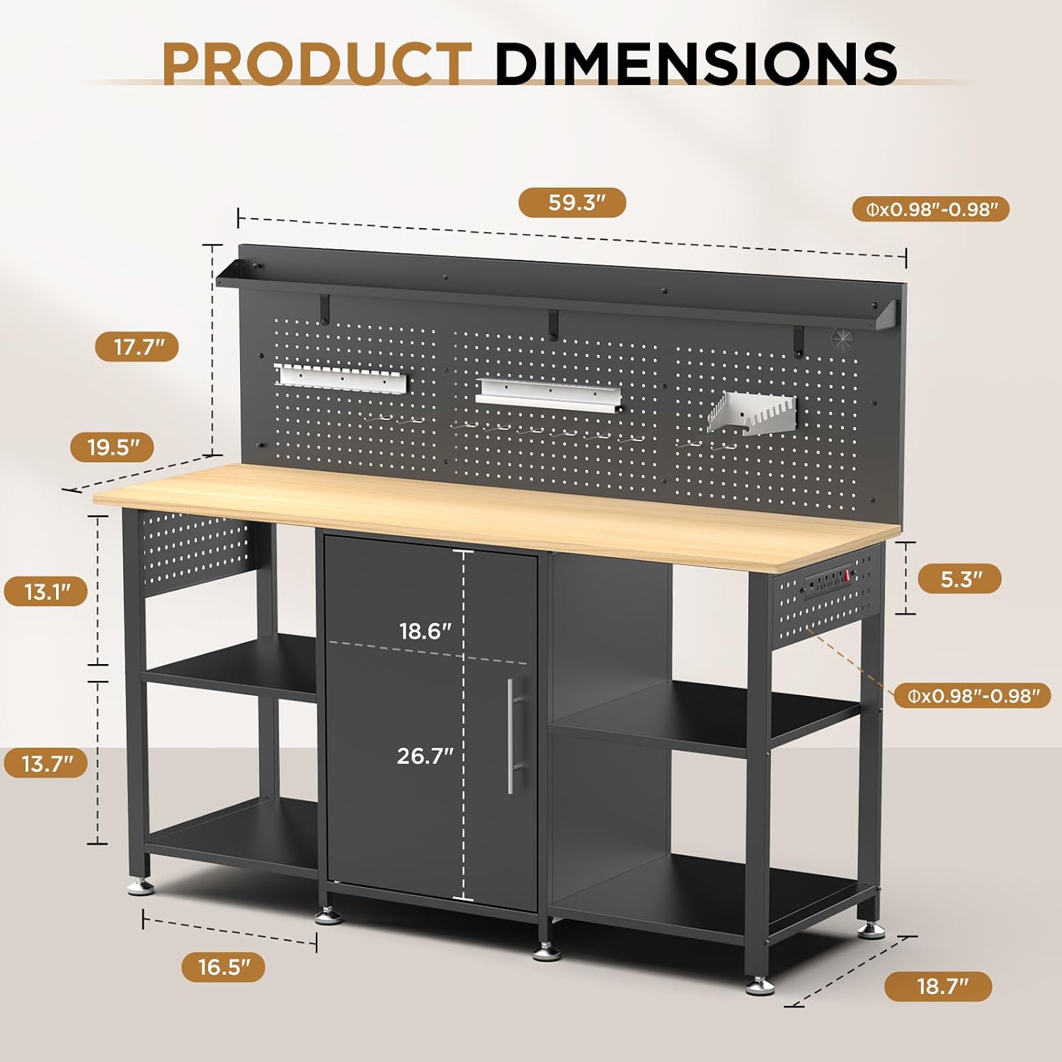60 Inch Heavy Duty Workbench with Storage Cabinet, Wooden Top, 2000 lbs Capacity, Garage Work Table with Pegboard