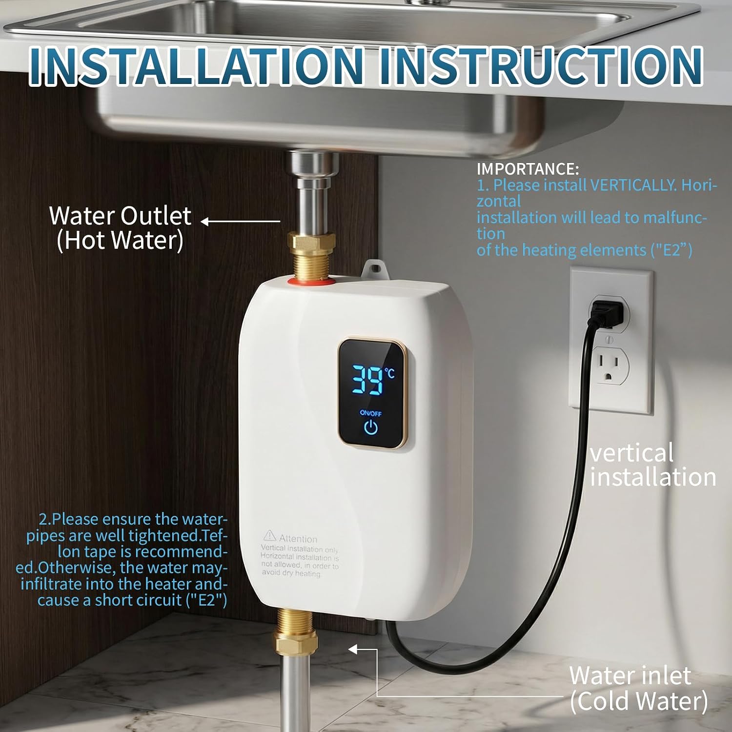 Tankless Water Heater Electric, 3000W Tankless Electric Water Heater 110V, On Demand Hot Water Heater Electric with