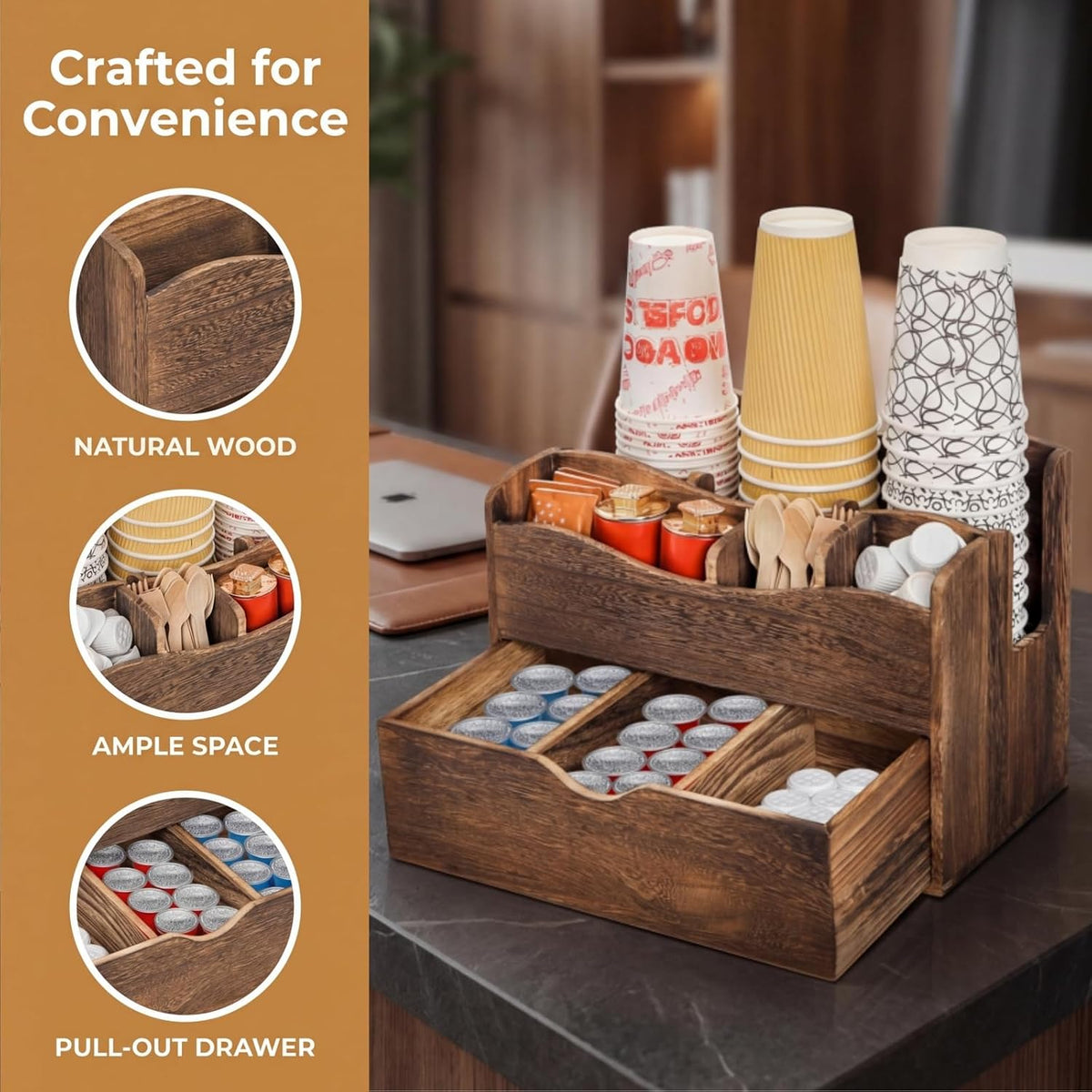 Wood Coffee Station Organizer with Drawer, 6 Compartments