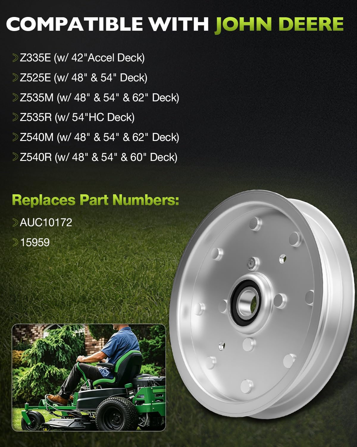 AUC10172 Deck Flat Idler Pulley Fits John Deere Z335E Z525 Z535M Z535R Z540