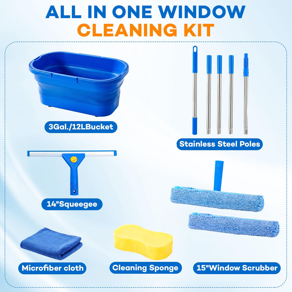 7Pcs Window Cleaning Kit with 3Gal Collapsible Bucket & 81"Squeegee