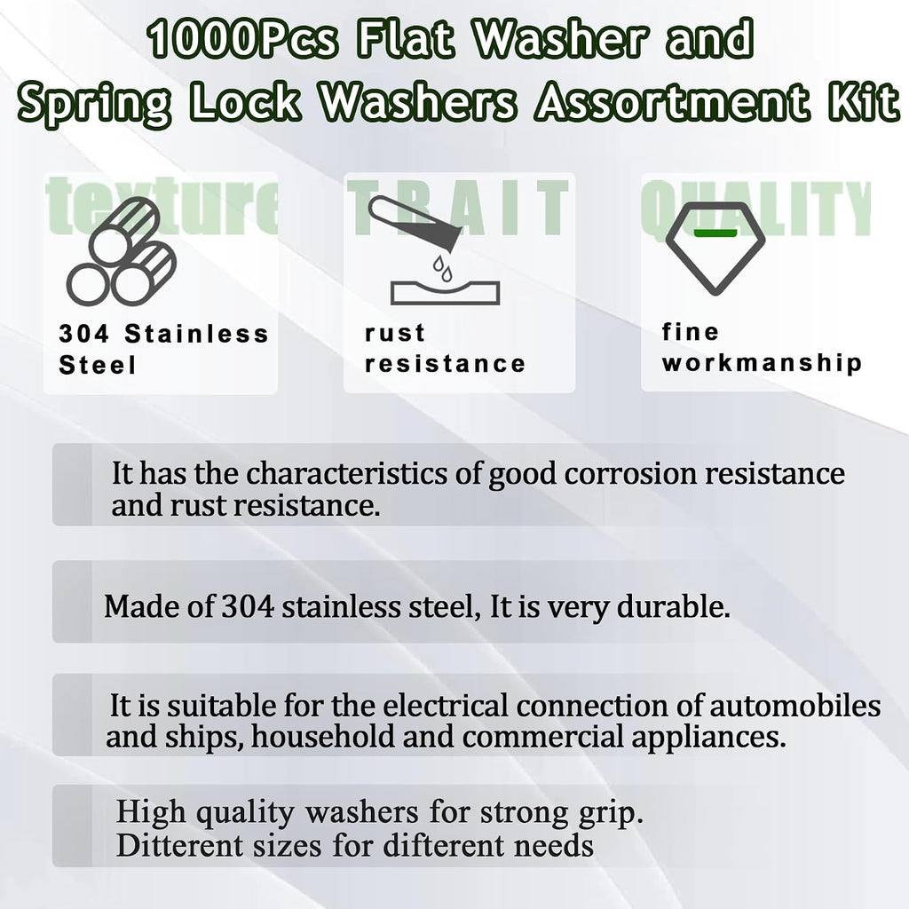 1000Pcs Flat Washer and Spring Lock Washers Assortment Kit,9 Metric Sizes