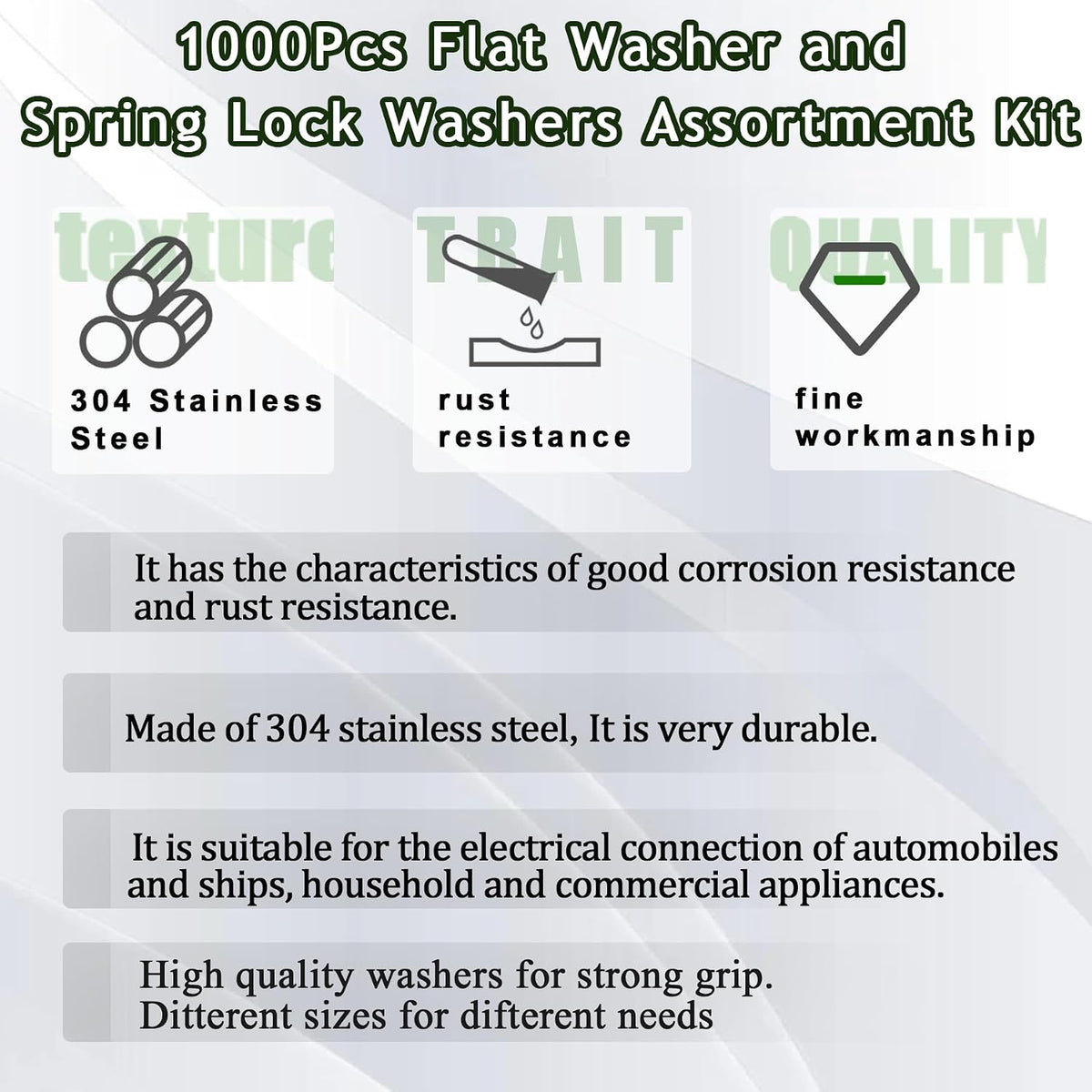 1000Pcs Flat Washer and Spring Lock Washers Assortment Kit,9 Metric Sizes