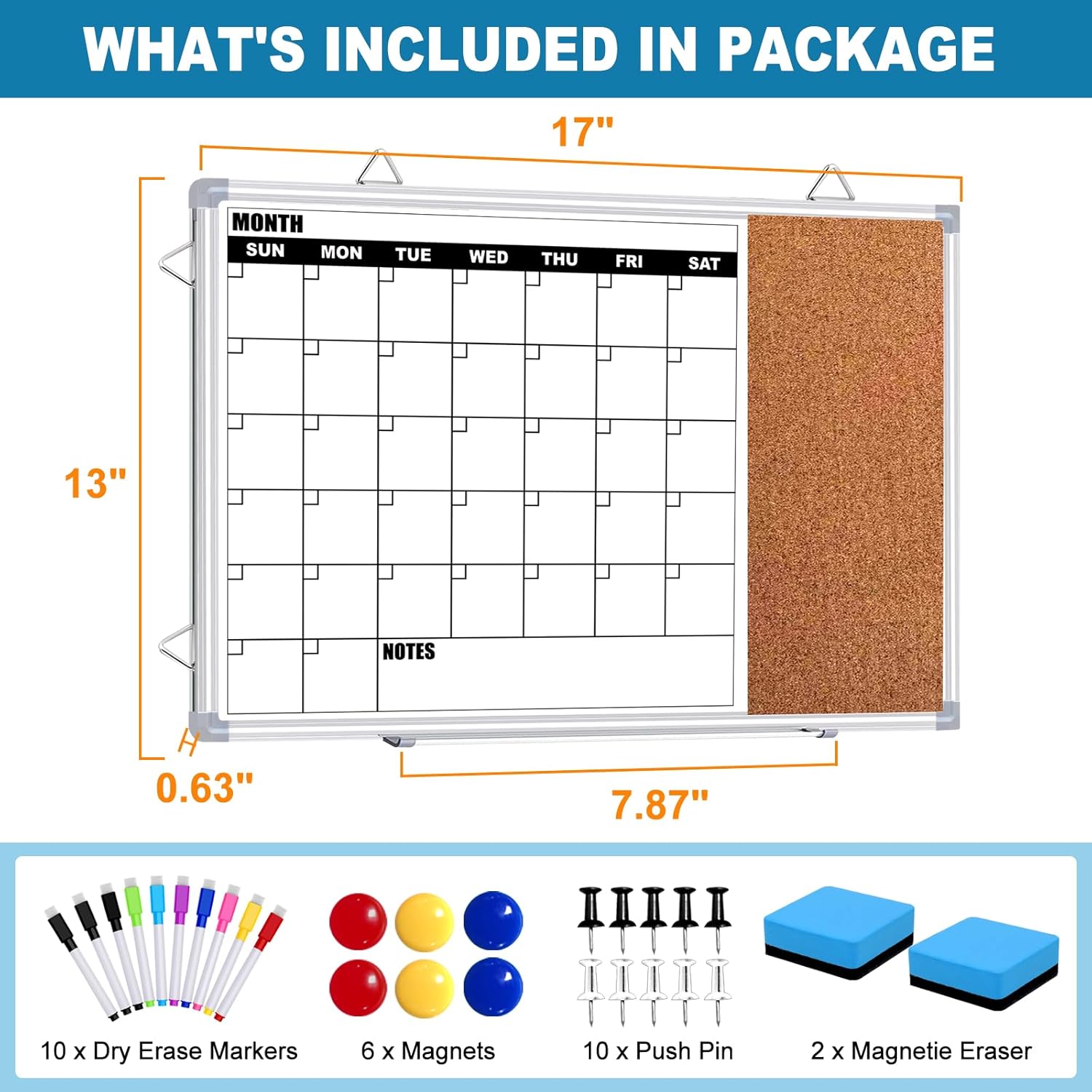 Calendar Whiteboard for Wall, 17" x 13" Double Sided Monthly Dry Erase Board Calendar for Office, Home, School