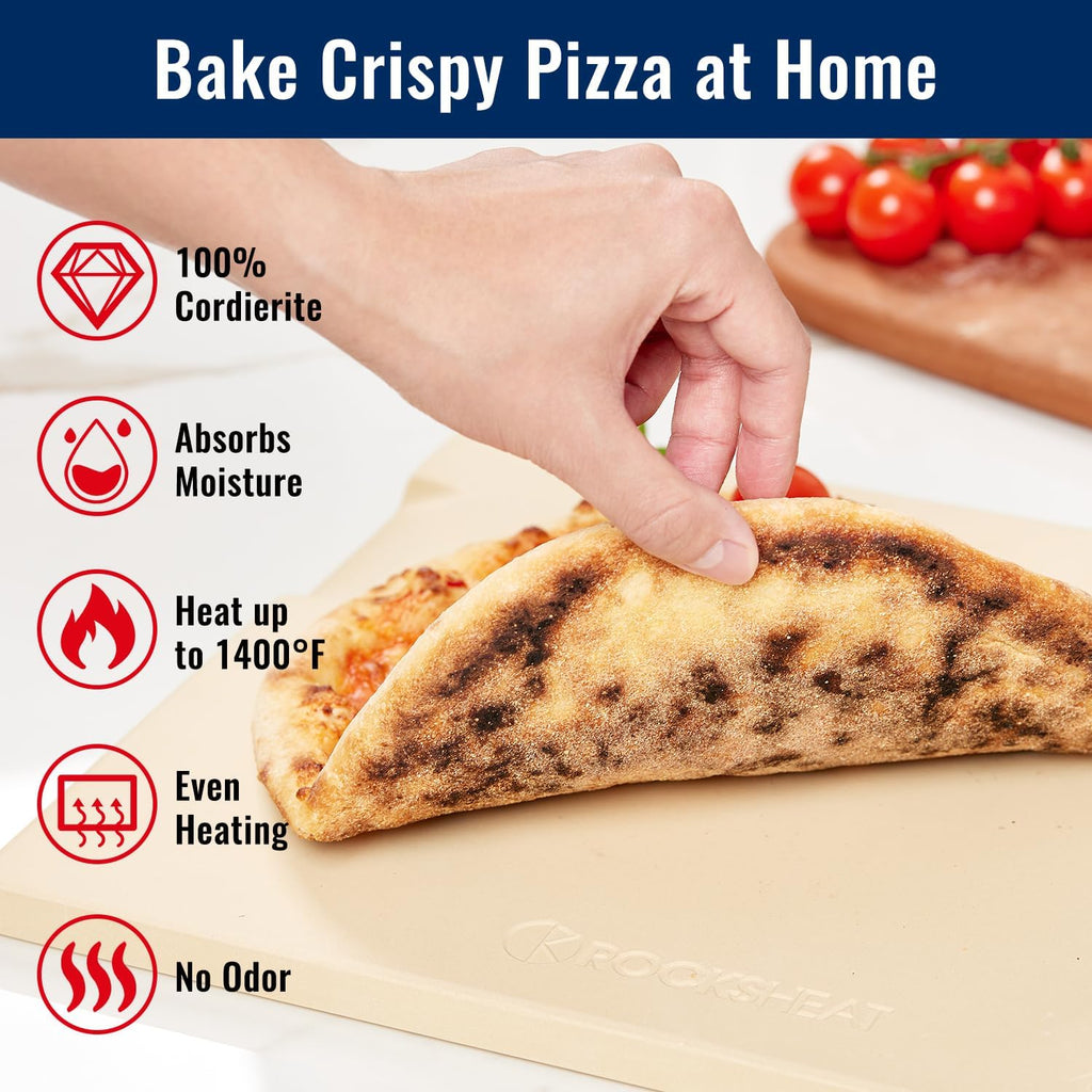 Pizza Stone for Oven and Grill, 15x12 Inch Cordierite Baking Stone with 4 Built-in Handles, 7.4lbs Heavy Duty Thermal